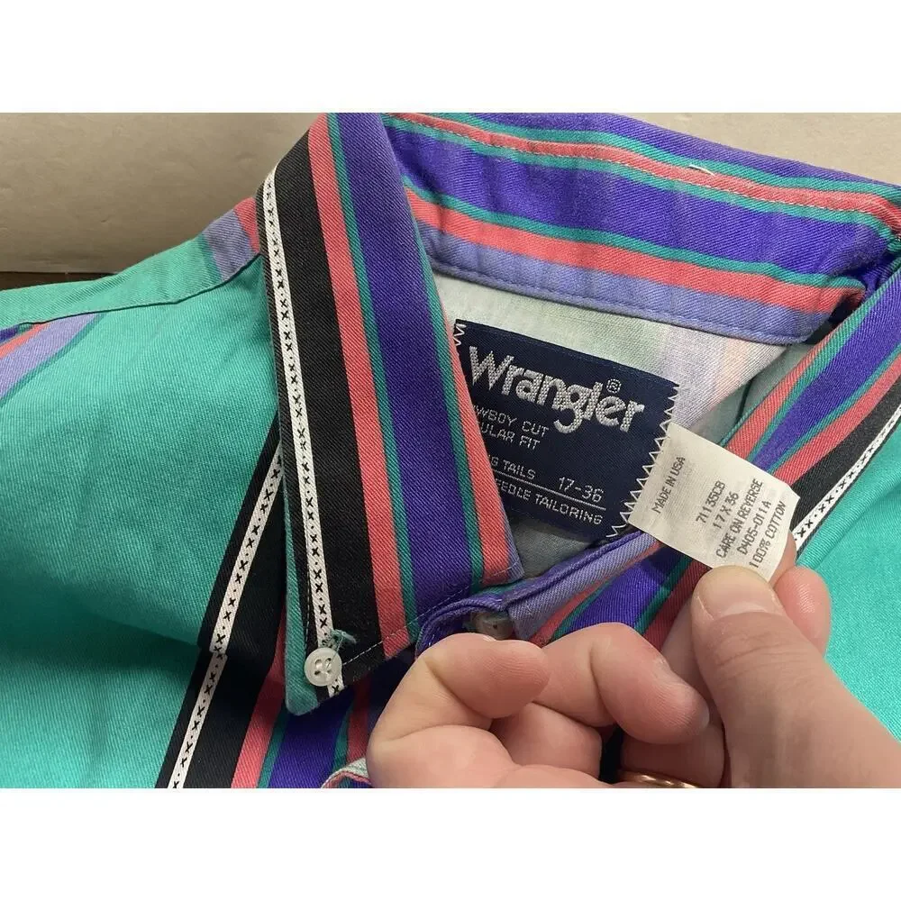 Vintage Wrangler Brushpopper Western Striped Button Up X-Long Tails 17x36 USA